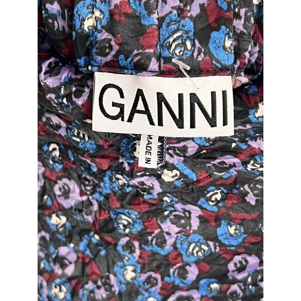Ganni Floral Print Crinkled Stretch Satin Pencil Midi Skirt Black/Purple/Blue 40 - Picture 11 of 11